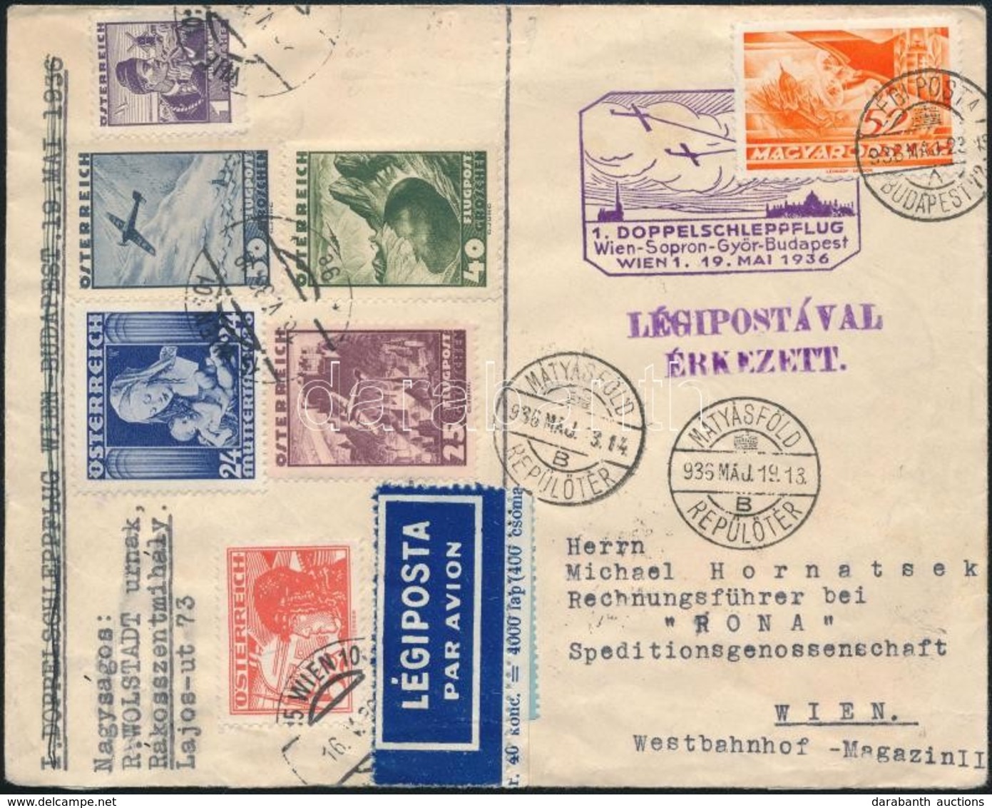 1936 Páros Vontatórepülés Levél Budapestre, Majd újrabérmentesítve és Visszaküldve Légipostával Bécsbe / Airmail Cover F - Autres & Non Classés