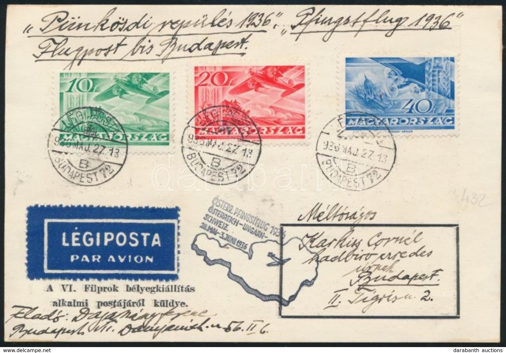 1936 Légiposta Levelezőlap Ausztria-Magyarország-Svájc / Airmail PS-card With Special Cancellation - Autres & Non Classés