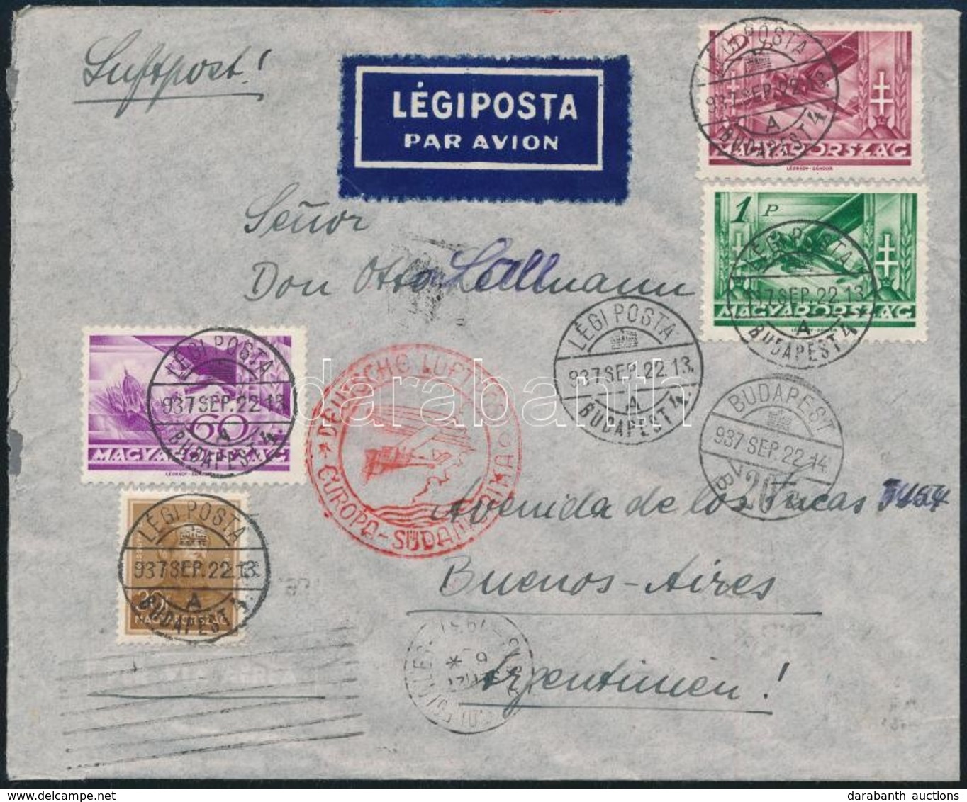 1937 Katapult Levél Budapestről Argentínába 3,90P Bérmentesítéssel (4 Nap Alatt Odaért) / Catapult Cover From Budapest T - Autres & Non Classés