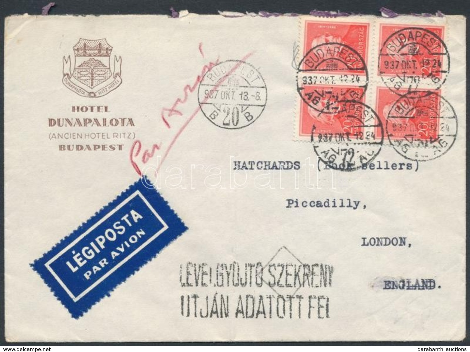 1937 Légi Levél Londonba / Airmail Cover To London - Autres & Non Classés