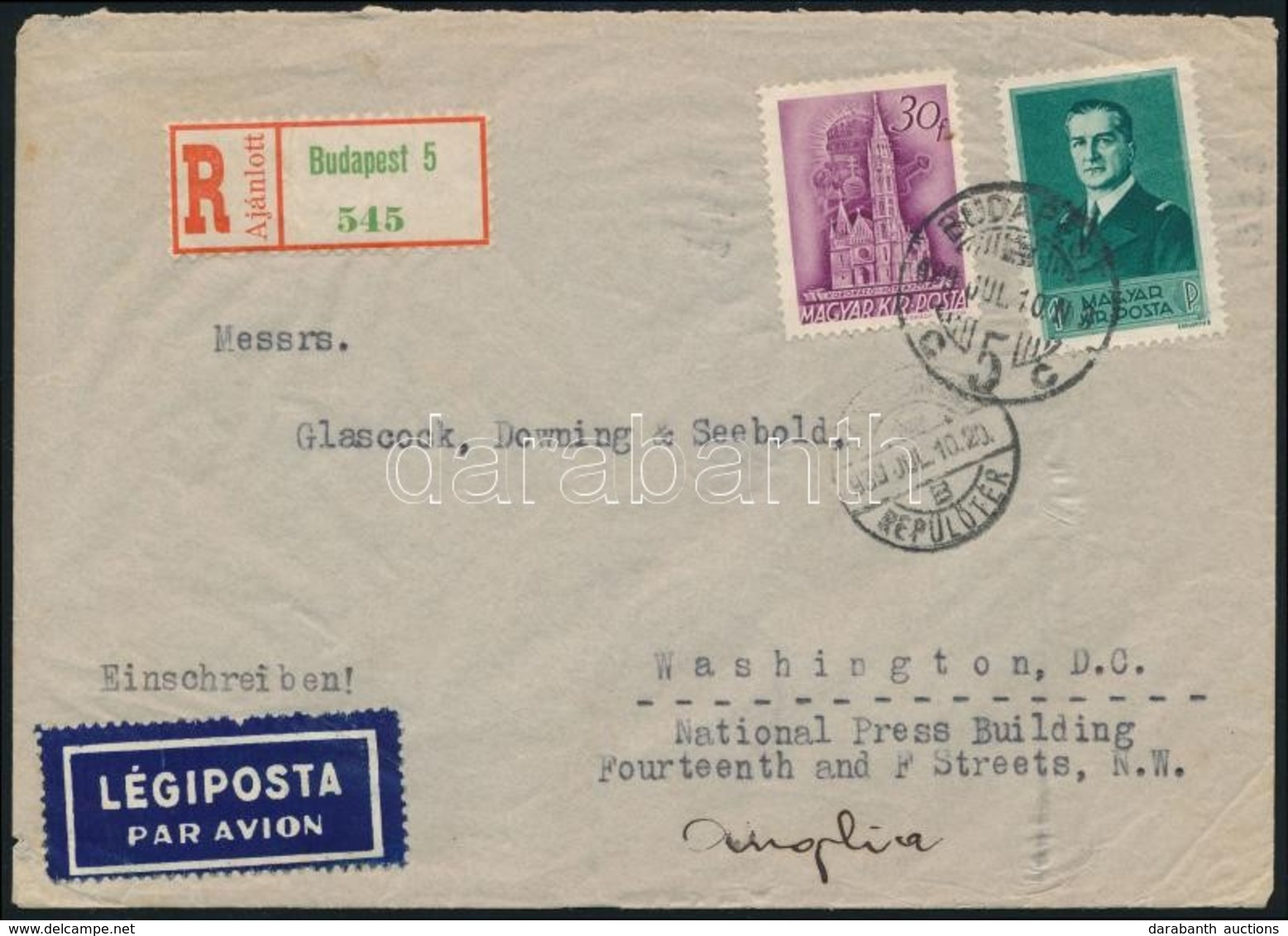 1939 Légi Ajánlott Levél Washingtonba Küldve / Airmail Registered Cover To Washington - Autres & Non Classés