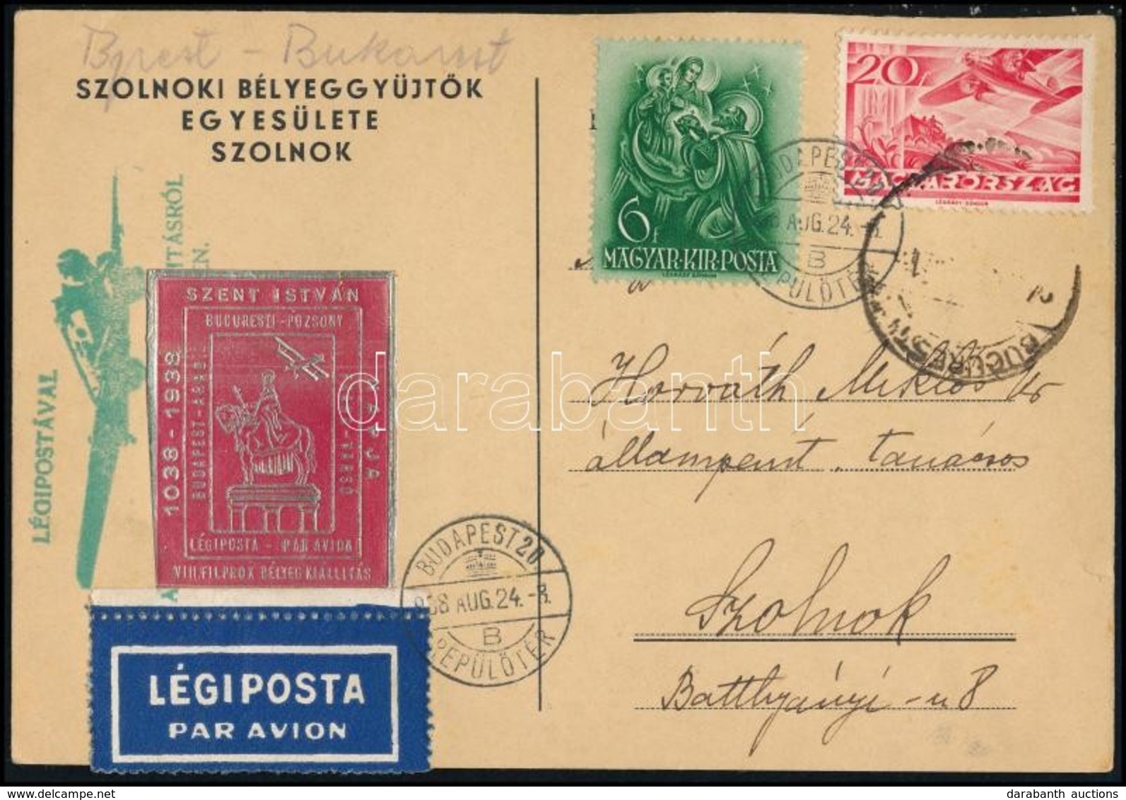 1938 Légi Levelezőlap Budapestről Szolnokra, Piros Szent István Levélzáróval / Airmail Postcard With Label - Autres & Non Classés