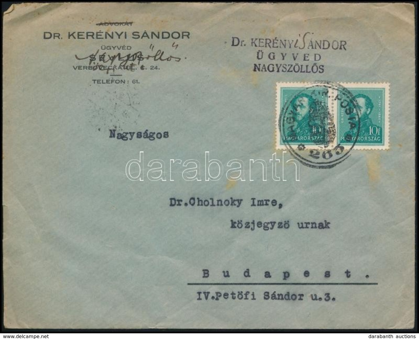 1939 Köznapi Levél Nagyszőllősről 'MAGYAR KIR. POSTA 263' Kisegítő Gumi Bélyegzéssel / Cover With Auxiliary Postmark - Autres & Non Classés