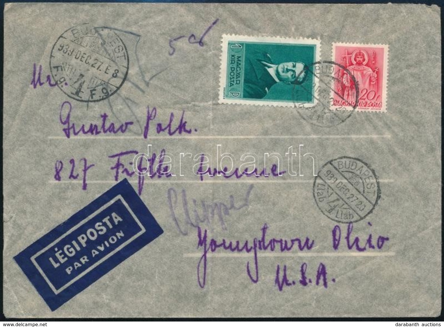 1939 Légi Levél Az USA-ba / Airmail Cover To The USA - Autres & Non Classés