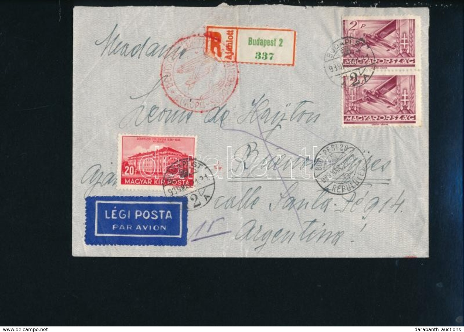 1939 Ajánlott Légi Levél 4,20P Bérmentesítéssel Argentínába /  Registered Airmail Cover With 4,20P Franking To Buenos Ai - Sonstige & Ohne Zuordnung