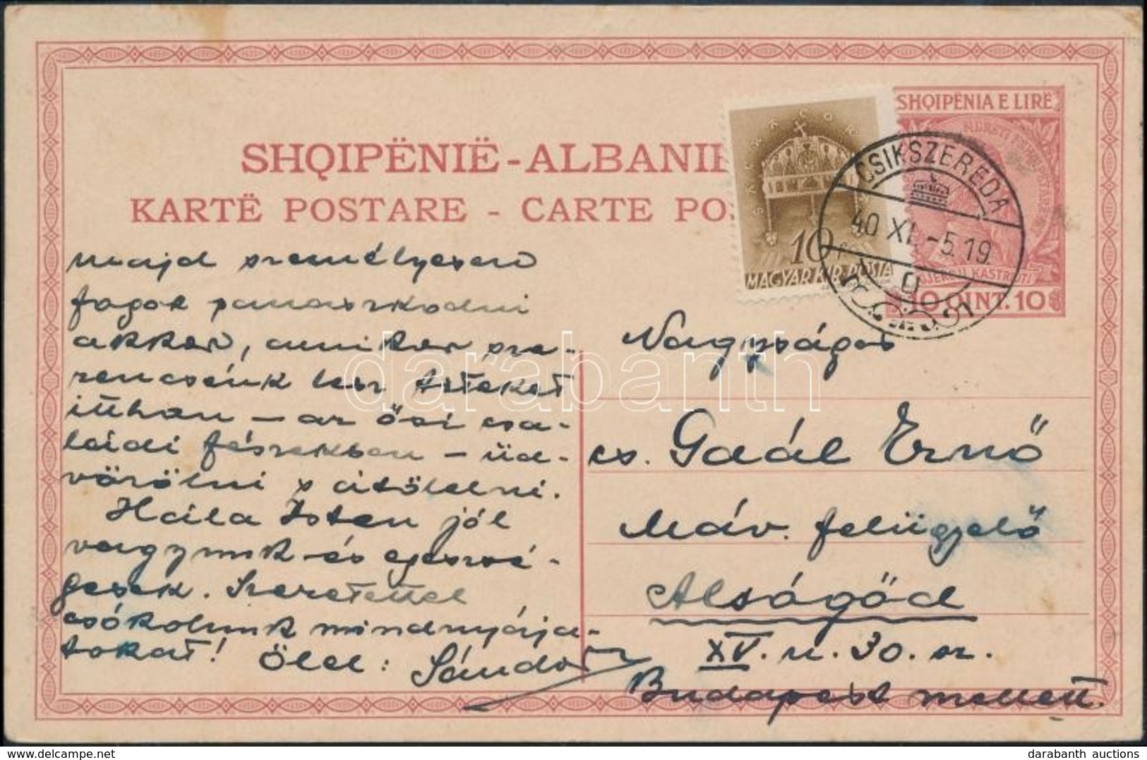 1940 Albán Díjjegyes Levelezőlap Csíkszeredáról Alsógödre Küldve / Albanian PS-card Used As Hungarian Postcard - Autres & Non Classés