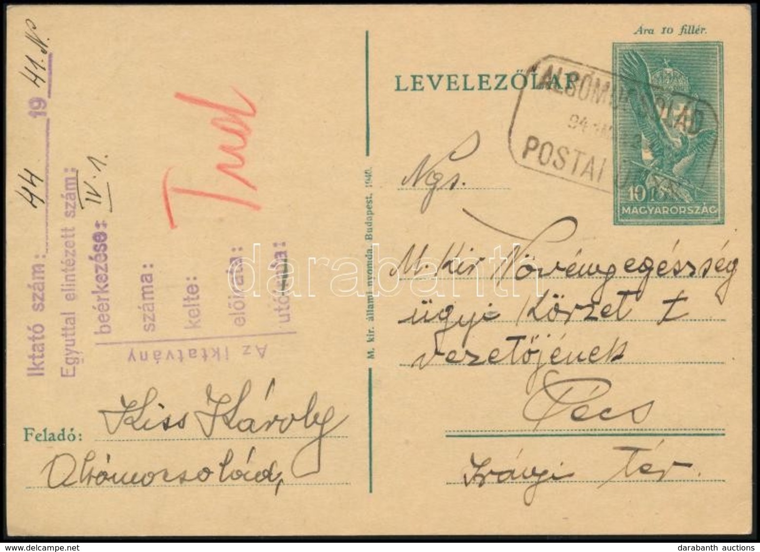 1941 Díjjegyes Levelezőlap ALSÓMUCSOLÁD Postaügynökségi Bélyegzéssel / PS-card With Postal Agency Postmark - Autres & Non Classés