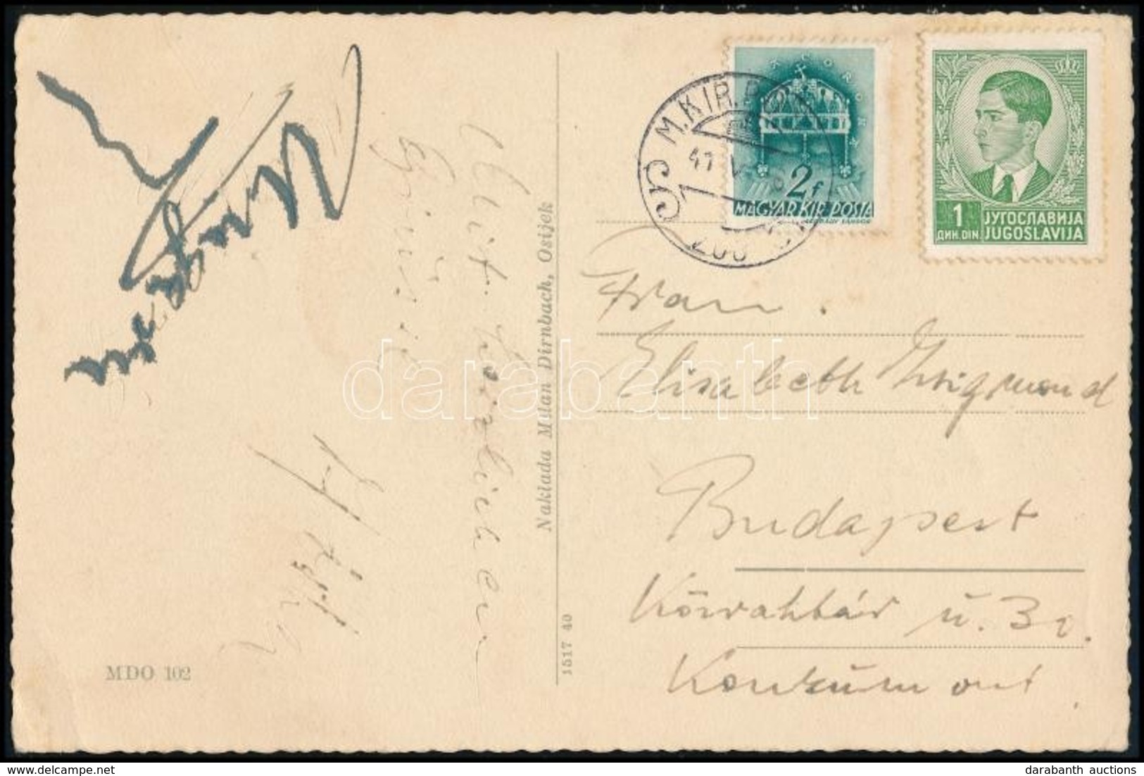 1941 Képeslap Eszékről Jugoszláv és Magyar Bérmentesítéssel / Postcard With Hungarian And Yugoslav Mixed Franking 'M.KIR - Autres & Non Classés