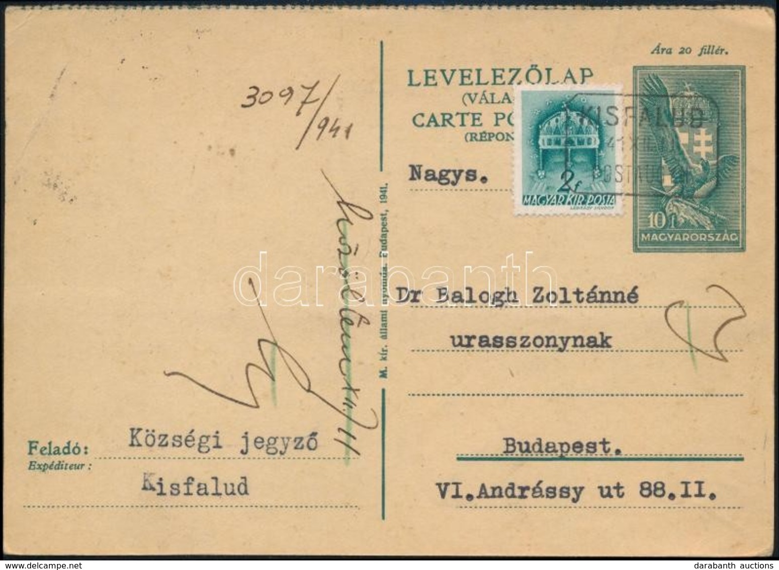 1941 Díjjegyes Válaszlevelezőlap KISFALUD Postaügynökségi Bélyegzéssel / PS-reply Card With Postal Agency Postmark - Autres & Non Classés