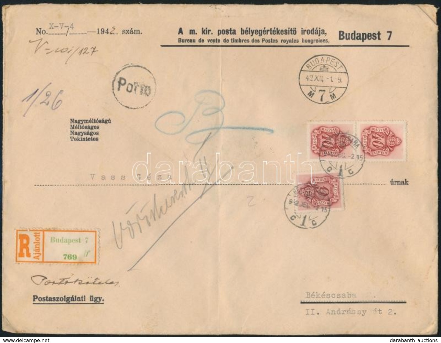 1942 Ajánlott Postaszolgálati Levél 86f Portóval / Registered Cover With 86f Postage Due - Sonstige & Ohne Zuordnung