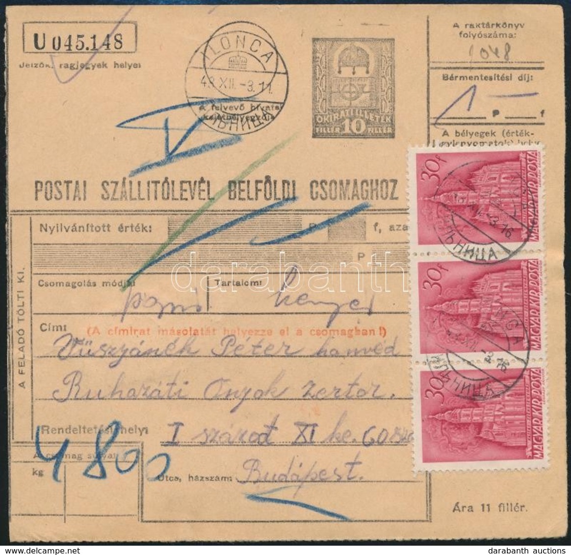 1943 Szállítólevél 1P Bérmentesítéssel, Magyar-rutén Bélyegzéssel / Parcel Card 1P Franking 'ILONCA' - Autres & Non Classés