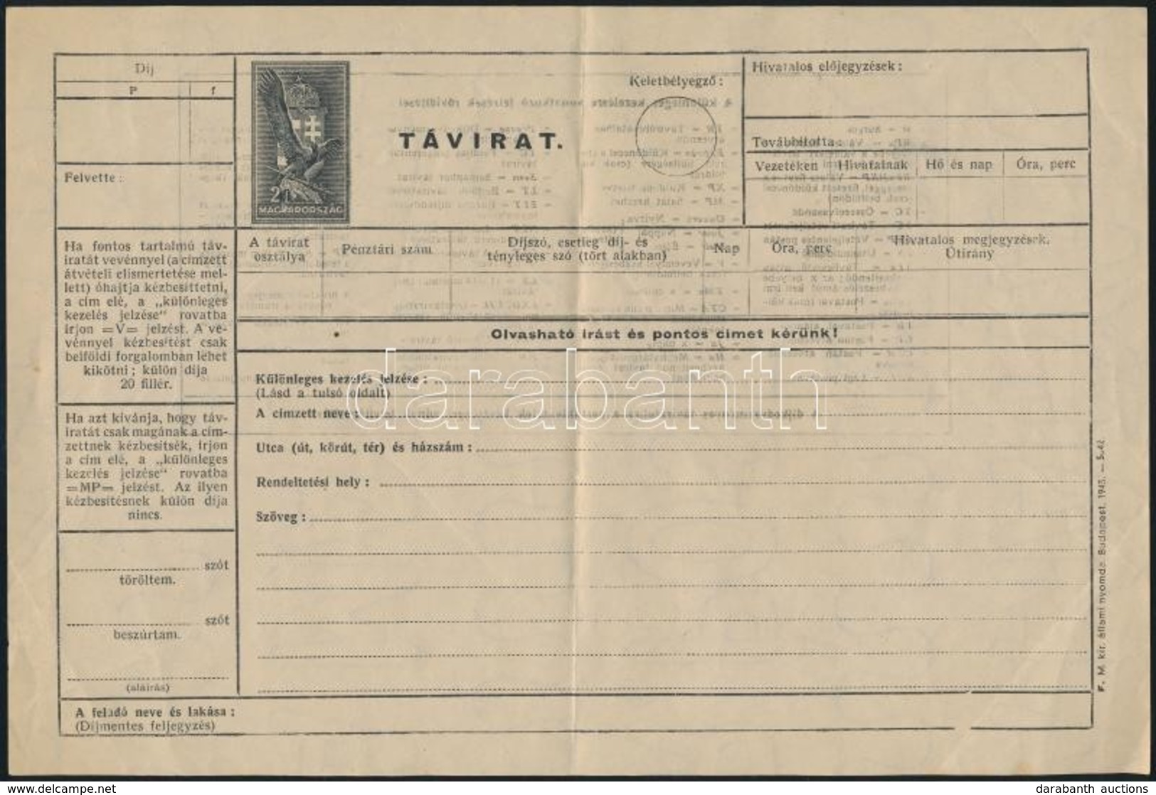 1943 2f Díjjegyes Távirat, Használatlan / 2f PS-telegram, Unused - Sonstige & Ohne Zuordnung