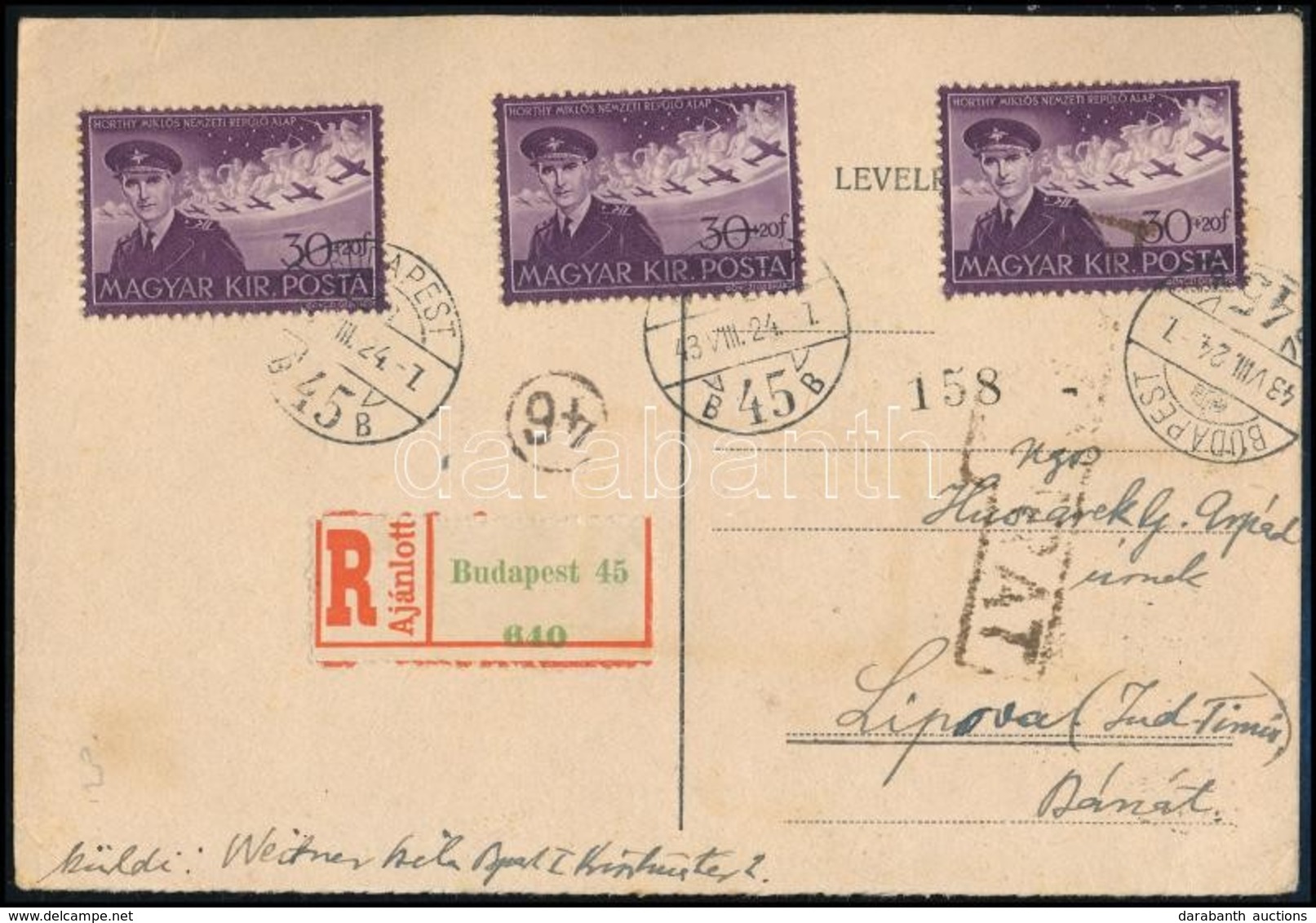 1943 Ajánlott Levelezőlap 3 X 30f Horthy Bélyeggel Romániába, Cenzúrázva / Registered Censored Postcard To Romania - Sonstige & Ohne Zuordnung