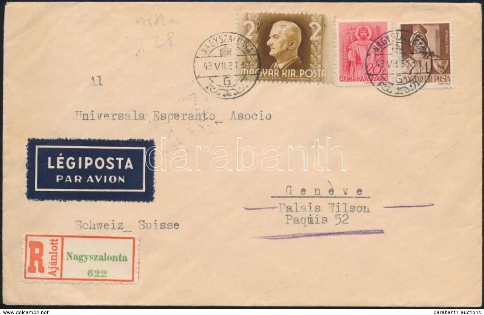 1943 Ajánlott Légi Levél Genfbe / Registered Airmail Cover To Geneva - Autres & Non Classés