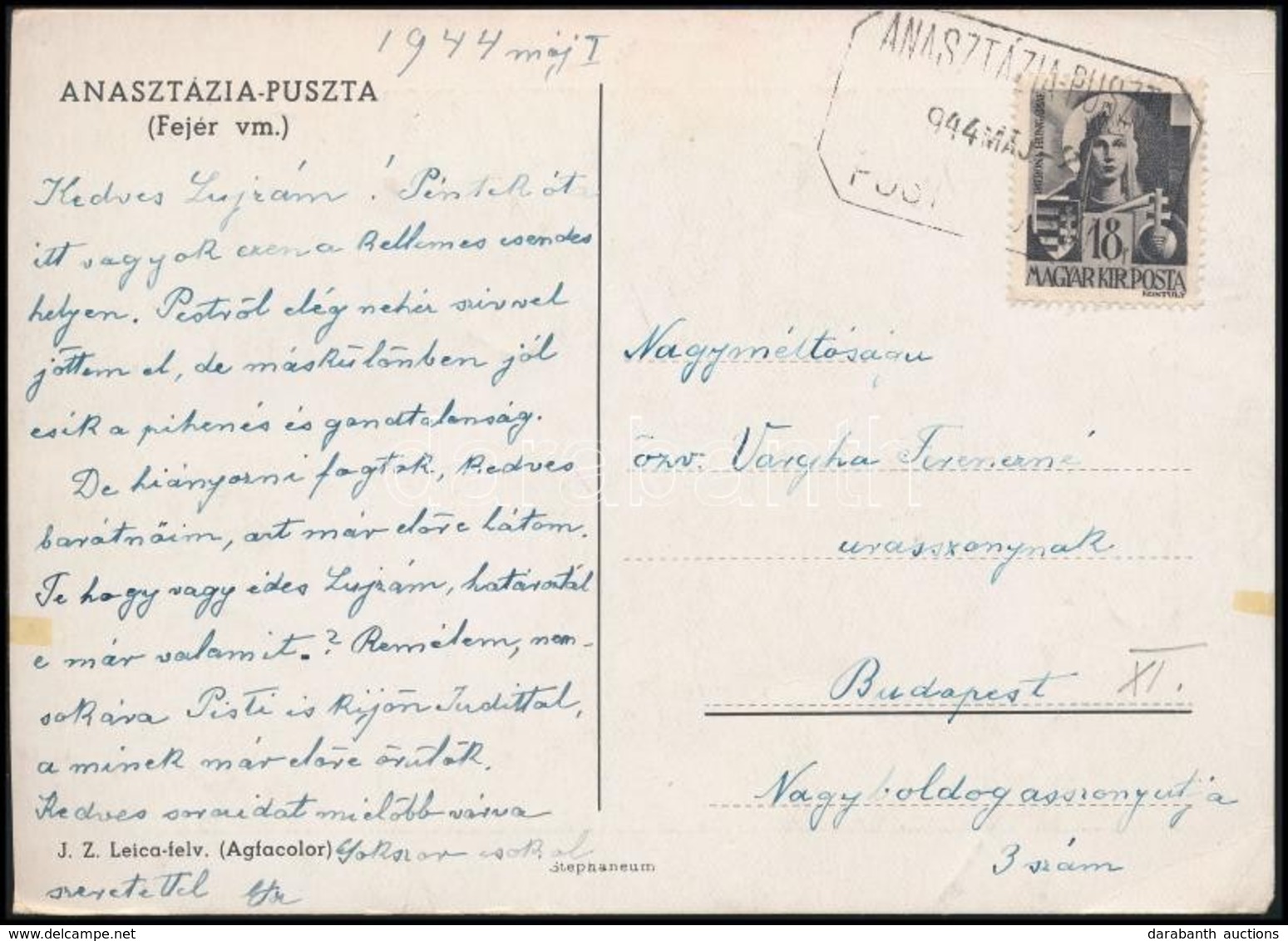 1944 Képeslap ANASZTÁZIA-PUSZTA Postaügynökségi Bélyegzéssel / Postcard With Postal Agency Postmark - Sonstige & Ohne Zuordnung