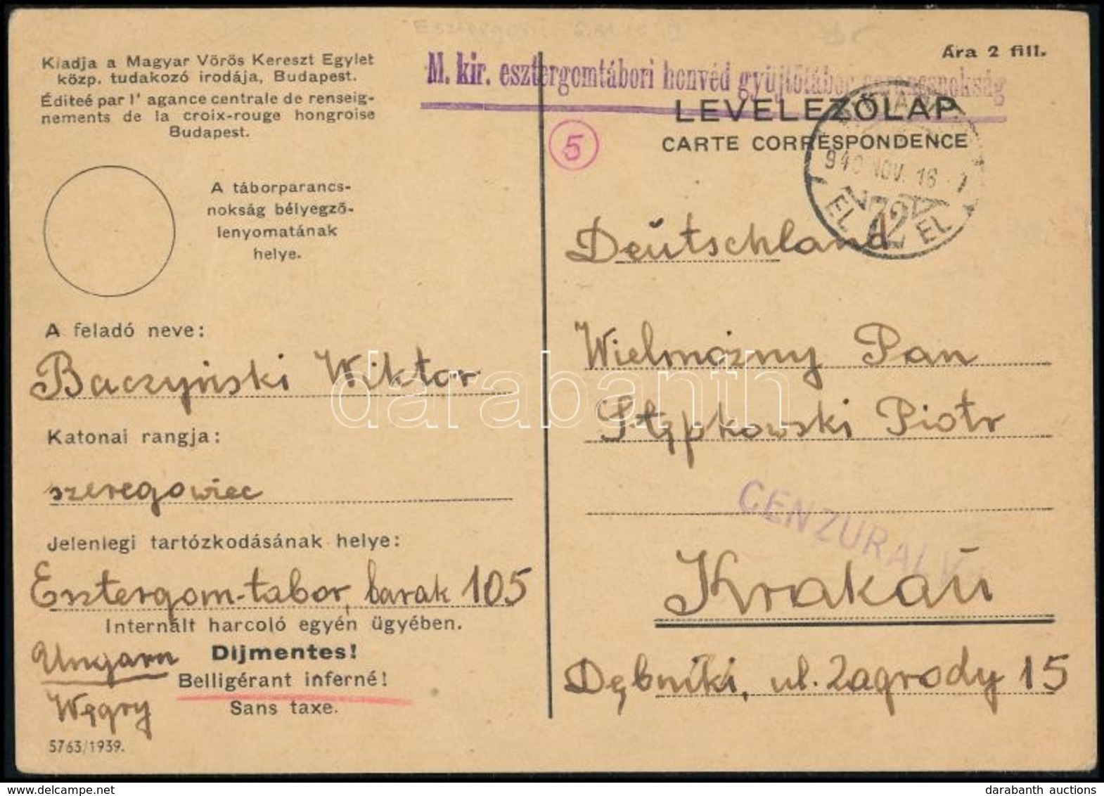 1939 Portómentes Levelezőlap Magyarországi Lengyel Internálótáborból / Postcard From Polish Internment Camp From Hungary - Other & Unclassified