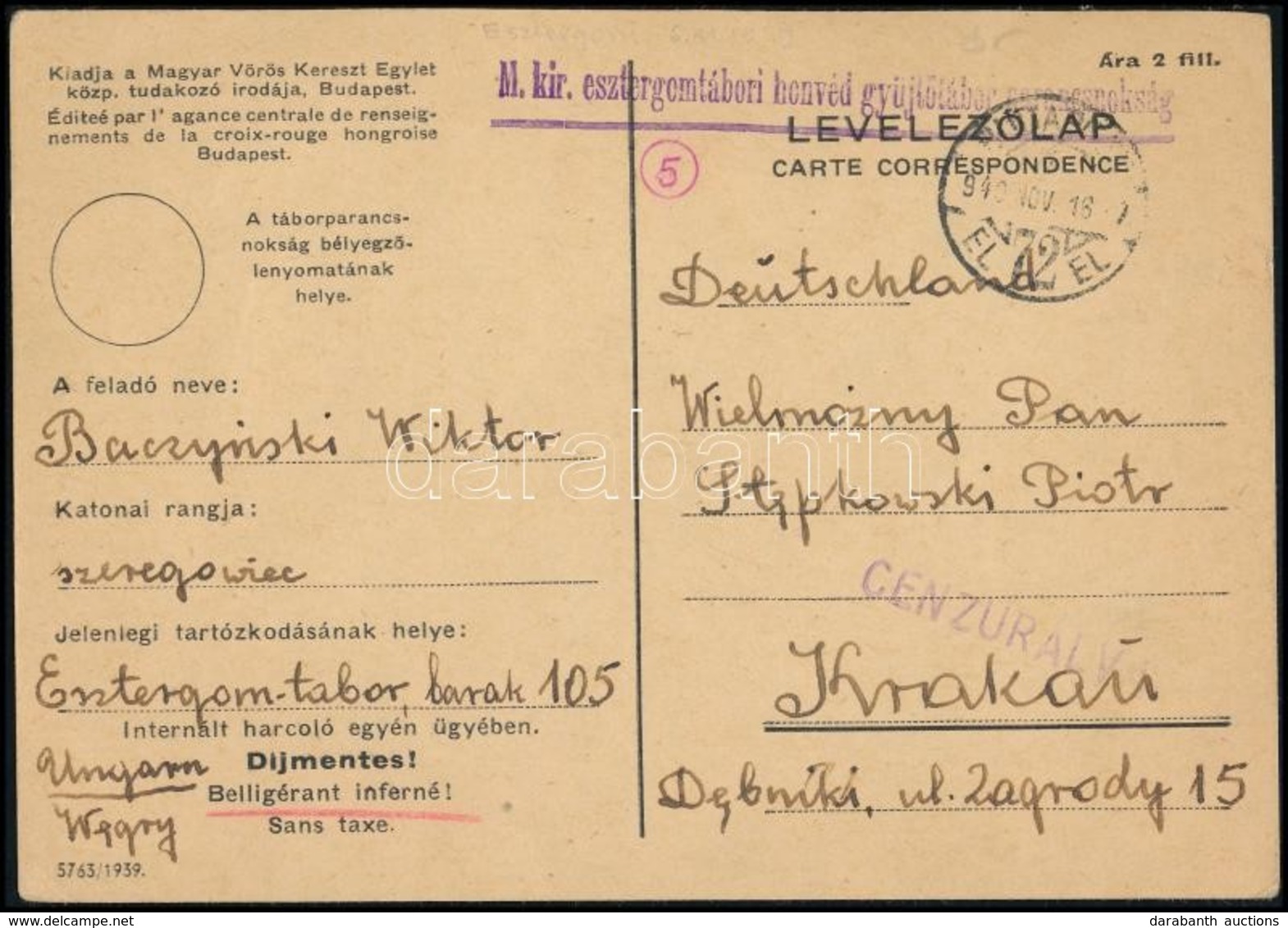 1939 Portómentes Levelezőlap Magyarországi Lengyel Internálótáborból / Postcard From Polish Internment Camp From Hungary - Autres & Non Classés