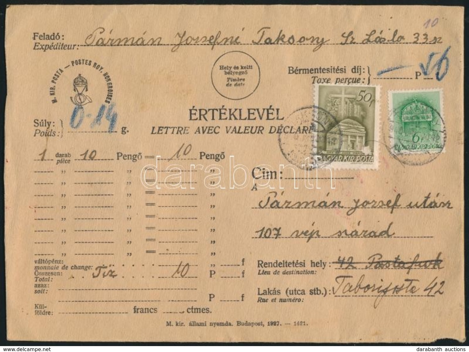 1940 Tábori Posta Címre Küldött Pénzeslevél / Insured Cover To Field Post Address - Autres & Non Classés