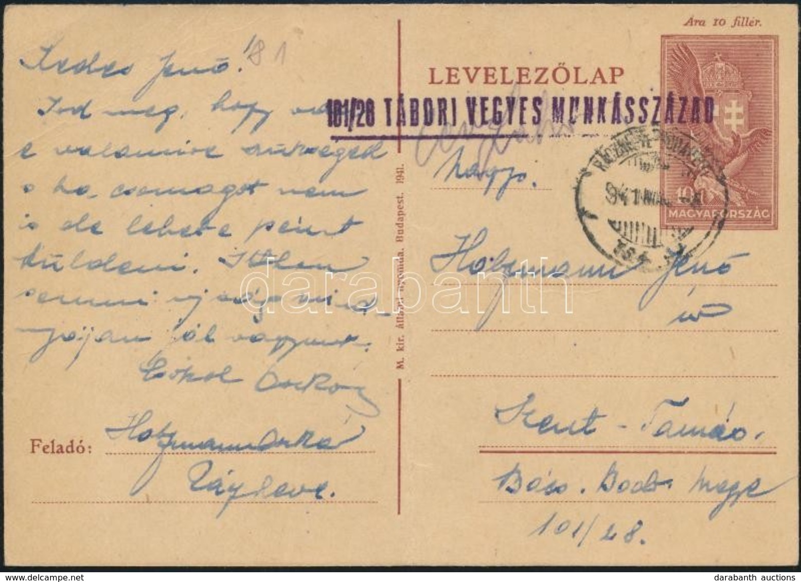 1941 Díjjegyes Munkaszolgálatos Levelezőlap / Field PS-card '101/26 TÁBORI VEGYES MUNKÁSSZÁZAD' (hajtott / Folded) - Autres & Non Classés