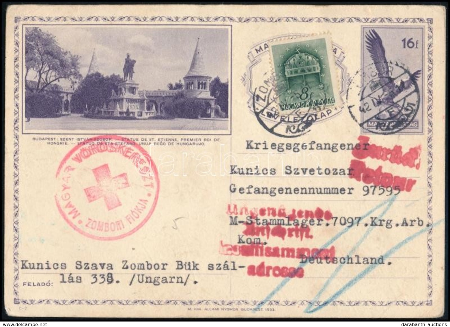 1942 16f Díjjegyes Képes Levelezőlap 8f Kiegészítéssel Zomborról Szerb Hadifogolynak Németországba, Visszairányítva / PS - Autres & Non Classés