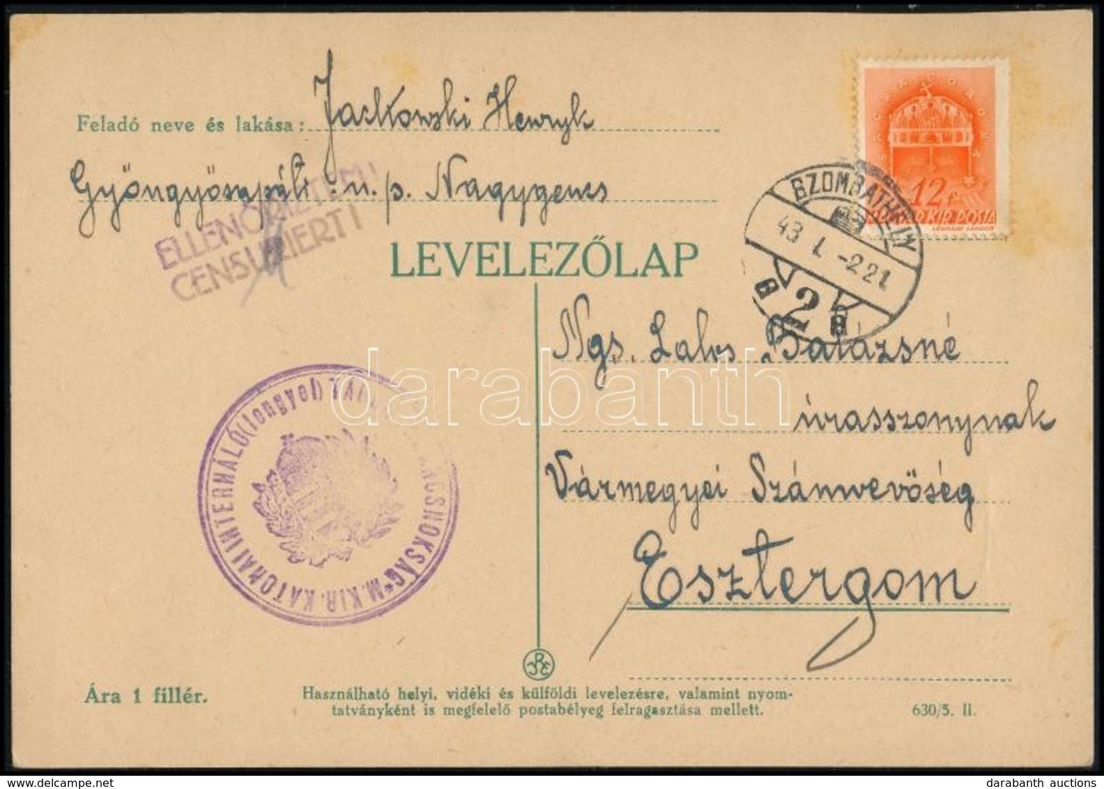 1943 Levelezőlap Magyarországi Lengyel Internálótáborból 12f Bérmentesítéssel / Postcard From Polish Internment Camp Fro - Other & Unclassified