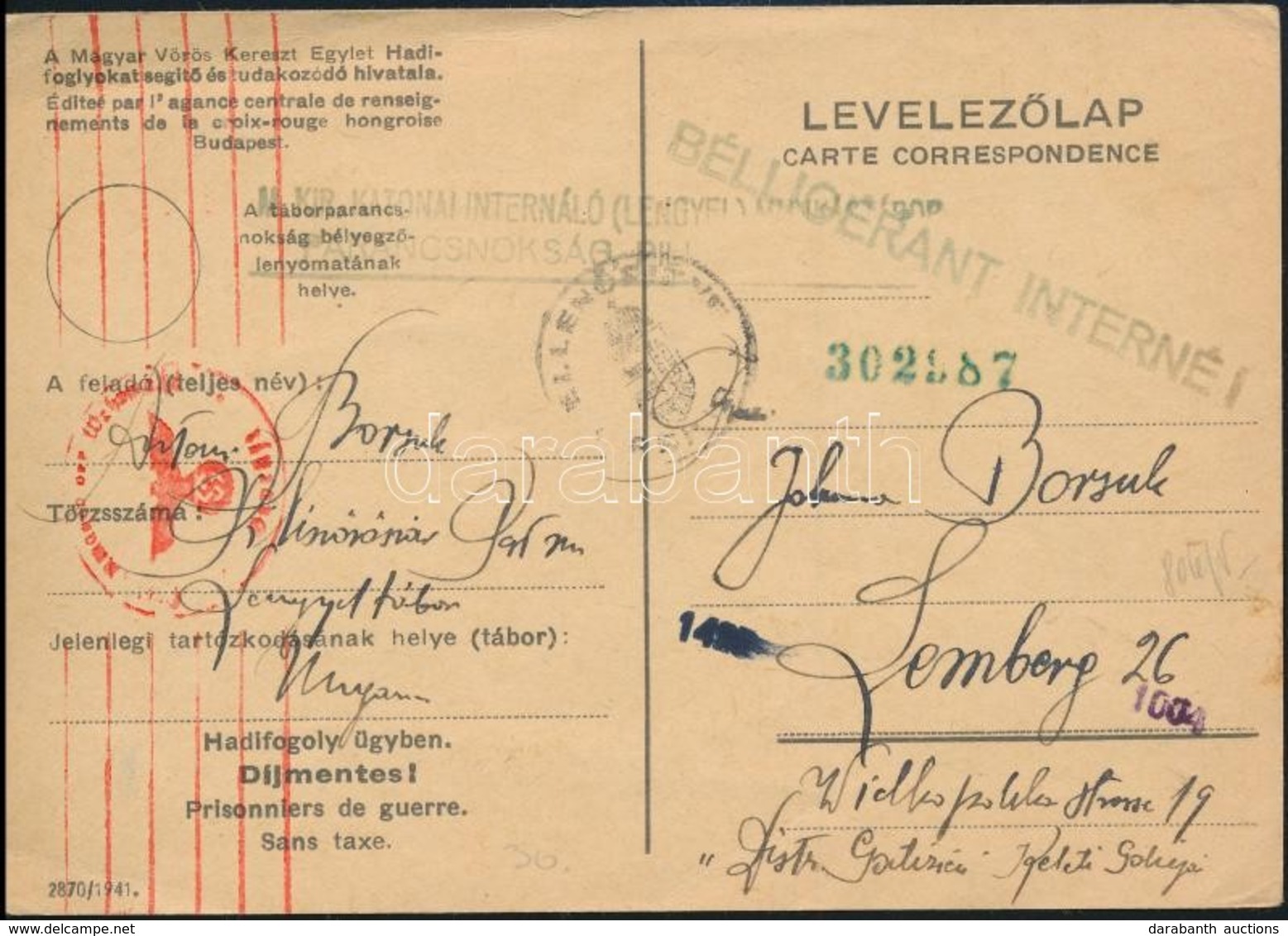 1943 Vöröskereszt Levelezőlap A Pilisvörösvári Lengyel Táborból A Főkormányzóságba / Red Cross Postcard From Polish Inte - Sonstige & Ohne Zuordnung