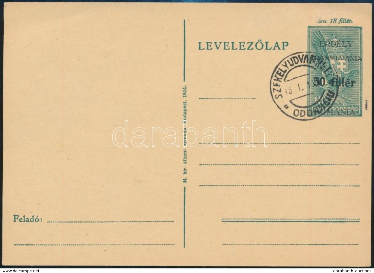 Székelyudvarhely 1944 Díjjegyes Levelezőlap, Használatlan (22.000) / Unused PS-card. Signed: Bodor 'SZÉKELYUDVARHELY / O - Other & Unclassified