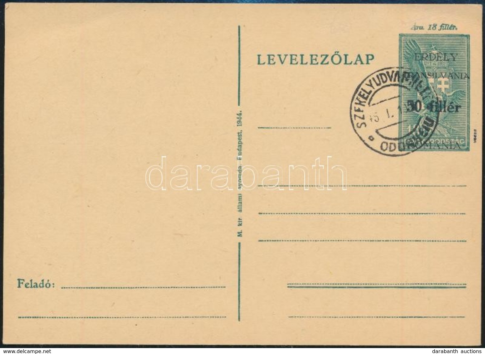 Székelyudvarhely 1944 Díjjegyes Levelezőlap, Használatlan (22.000) / Unused PS-card. Signed: Bodor 'SZÉKELYUDVARHELY / O - Autres & Non Classés