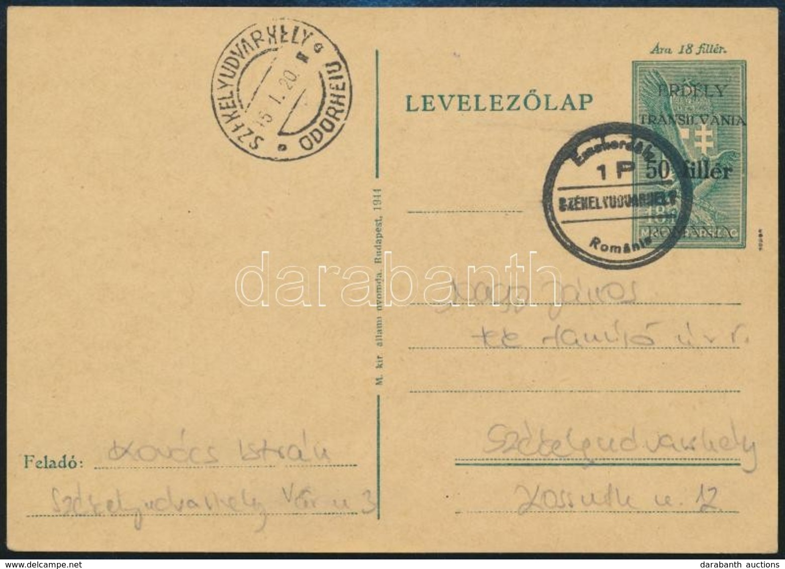 1945 Helyi Székelyudvarhely 1P/50f Díjjegyes Levelezőlap / Local PS-card. Signed: Bodor - Autres & Non Classés
