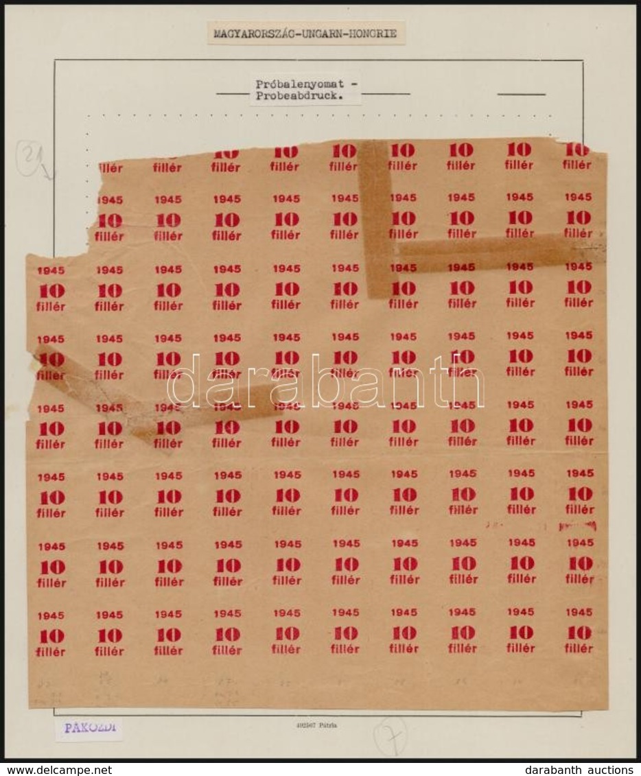 1945 2 Db Kisegítő I. A Felülnyomat Próbanyomata ívekben (42f + 10f) Mindkét íven Már Látható, Hogy A 7. Oszlopban Az 19 - Sonstige & Ohne Zuordnung