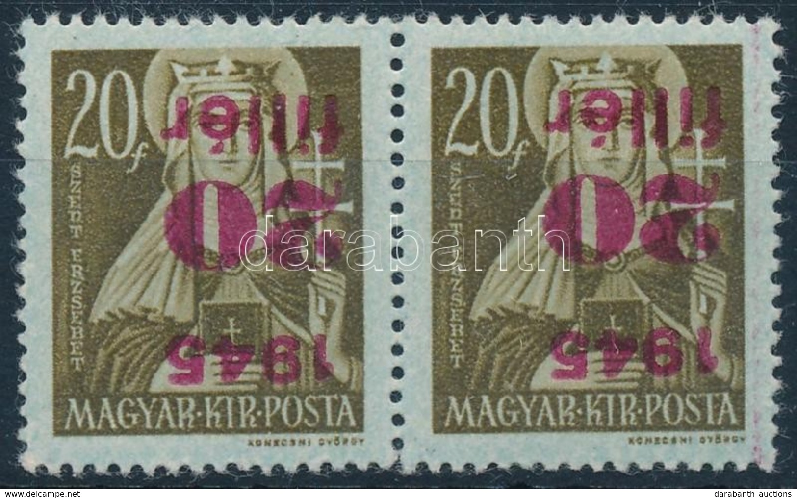 ** 1945 Kisegítő 20f/20f Pár Fordított Felülnyomattal (48.000)/ Mi 783 Pair With Inverted Overprint. Certificate: Glatz - Autres & Non Classés