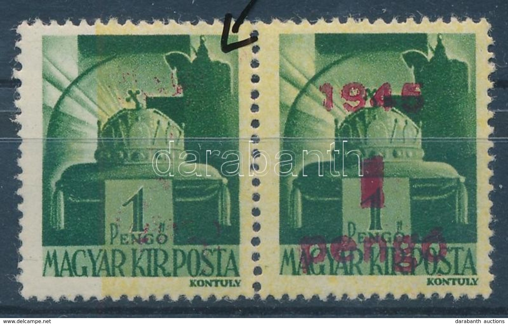 ** 1945 Kisegítő 1P/1P Pár, Az Egyik Bélyegről Hiányzik A Felülnyomás / Mi 800 Pair, Missing Overprint - Autres & Non Classés