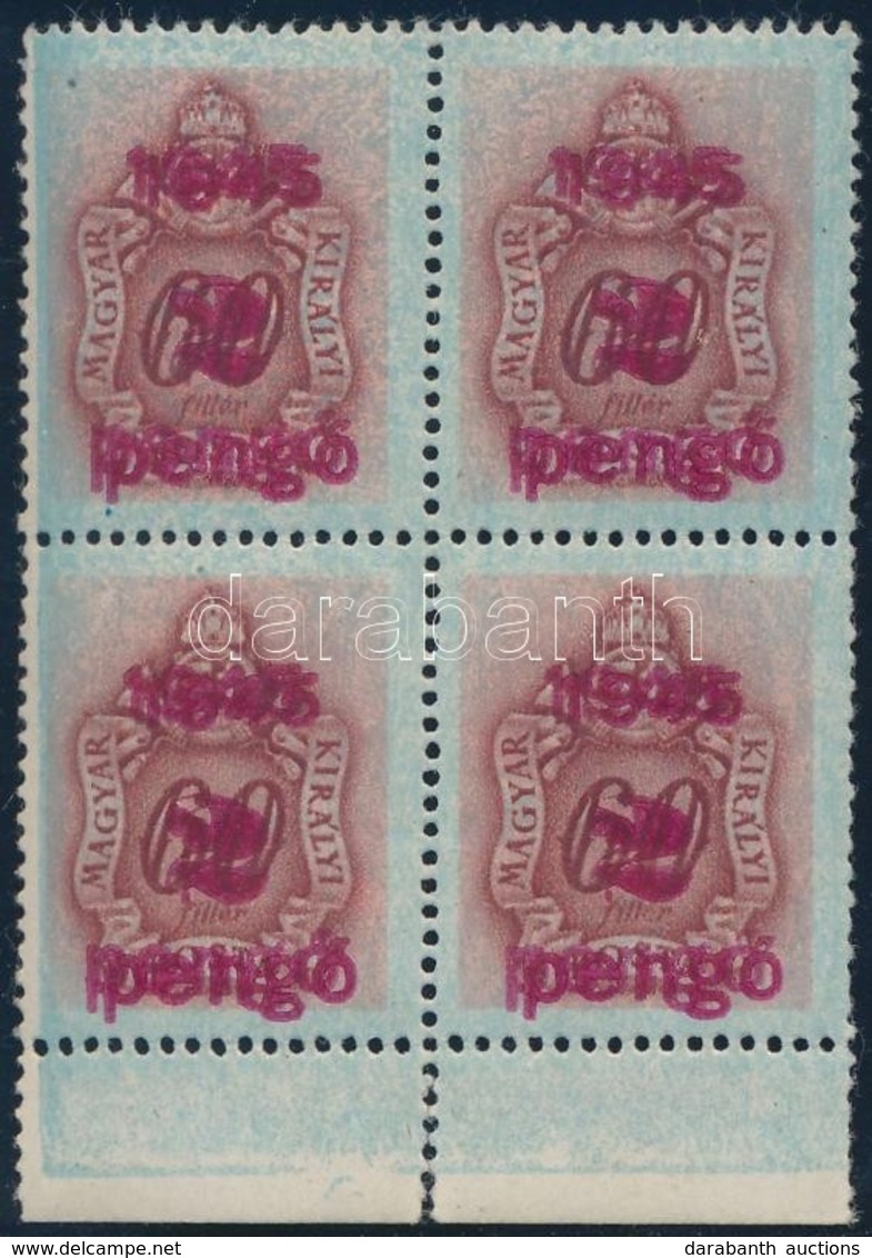 ** 1945 Kisegítő Portó 2P/60f ívszéli Négyestömb Kettős Felülnyomással / Mi P 178 Block Of 4 With Double Overprint. Cert - Other & Unclassified