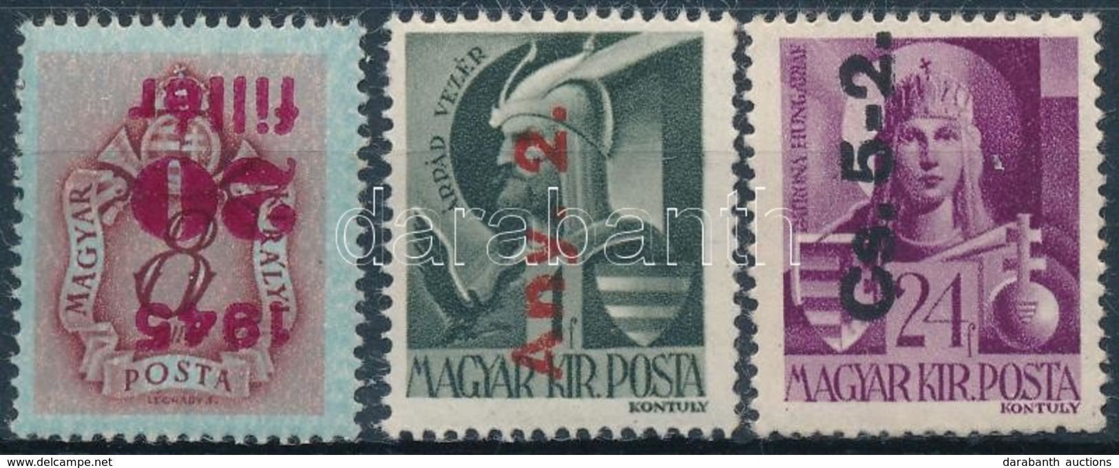 ** 1945-1946 3 Db Bélyeg Fordított Felülnyomattal (60.000) / 3 Stamps With Inverted Overprint - Sonstige & Ohne Zuordnung