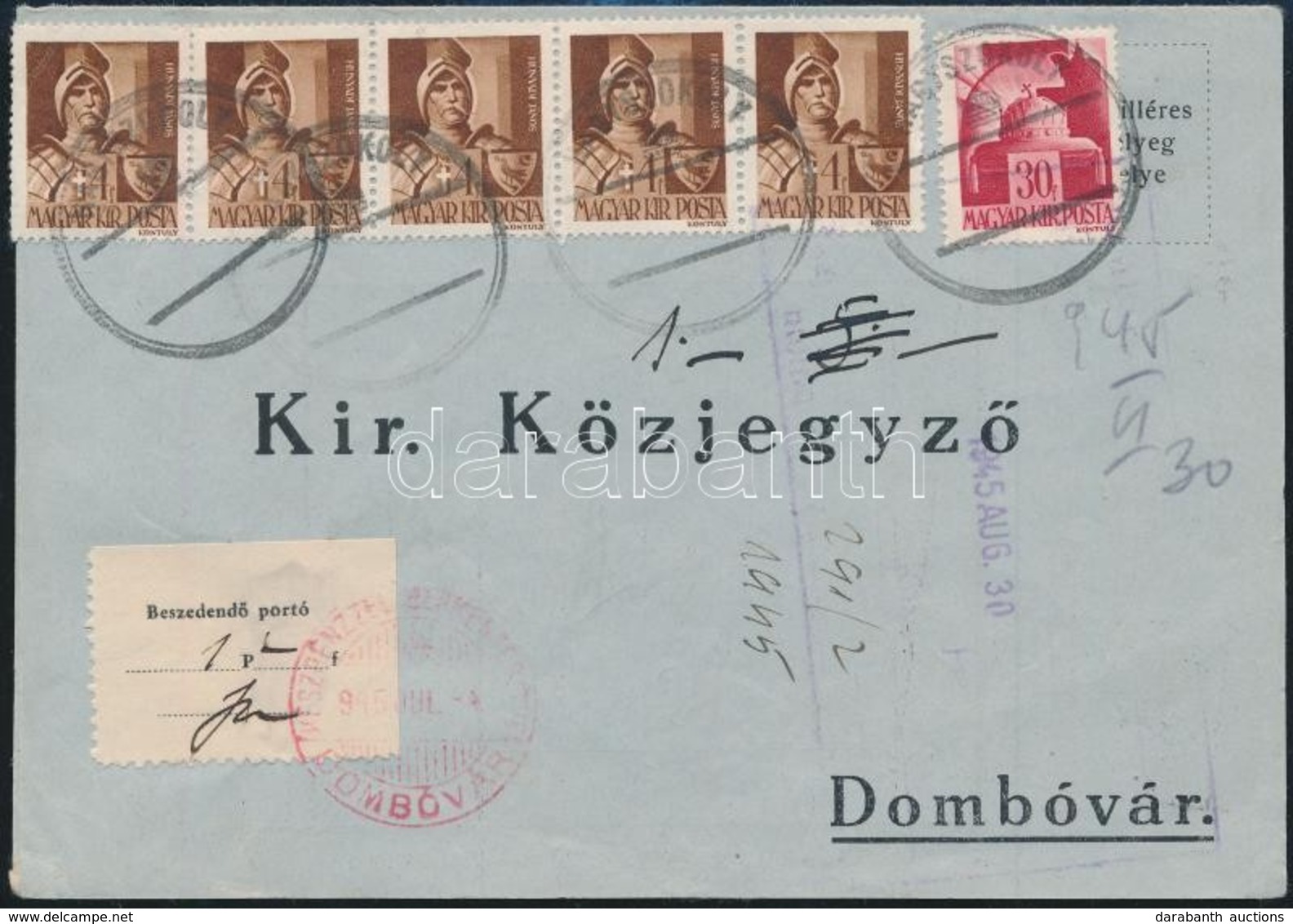 1945 (1. Díjszabás) Levél Dátum Nélküli Szükségbélyegzéssel és Ceruzás Dátummal, Szükségportóval / Cover With Auxiliary  - Other & Unclassified