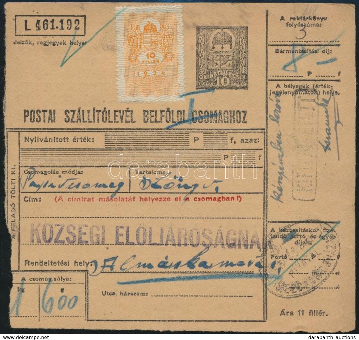 1945 (2. Díjszabás) Csomagszállító 5 Kg-ig 8P Készpénzes Bérmentesítéssel / Parcel Card With Cash Franking - Sonstige & Ohne Zuordnung