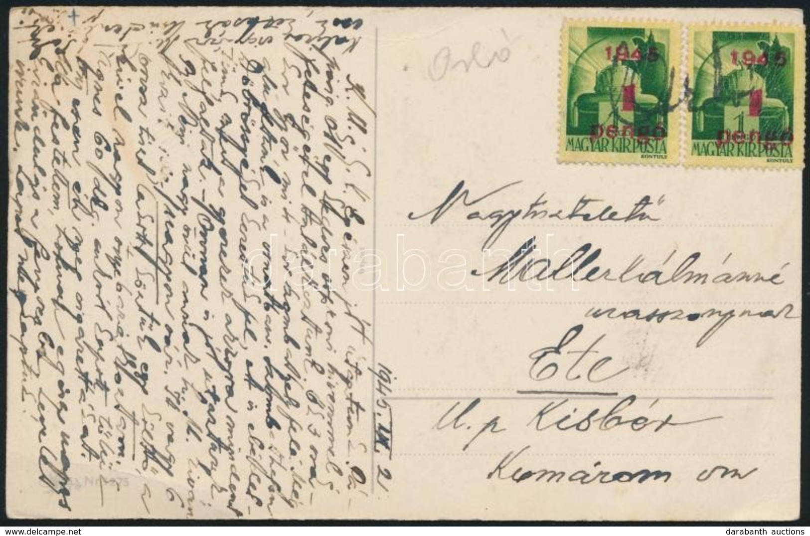 1945 (3. Díjszabás) Képeslap Kézi Orló érvénytelenítéssel / Postcard With Handwritten Cancellation - Other & Unclassified