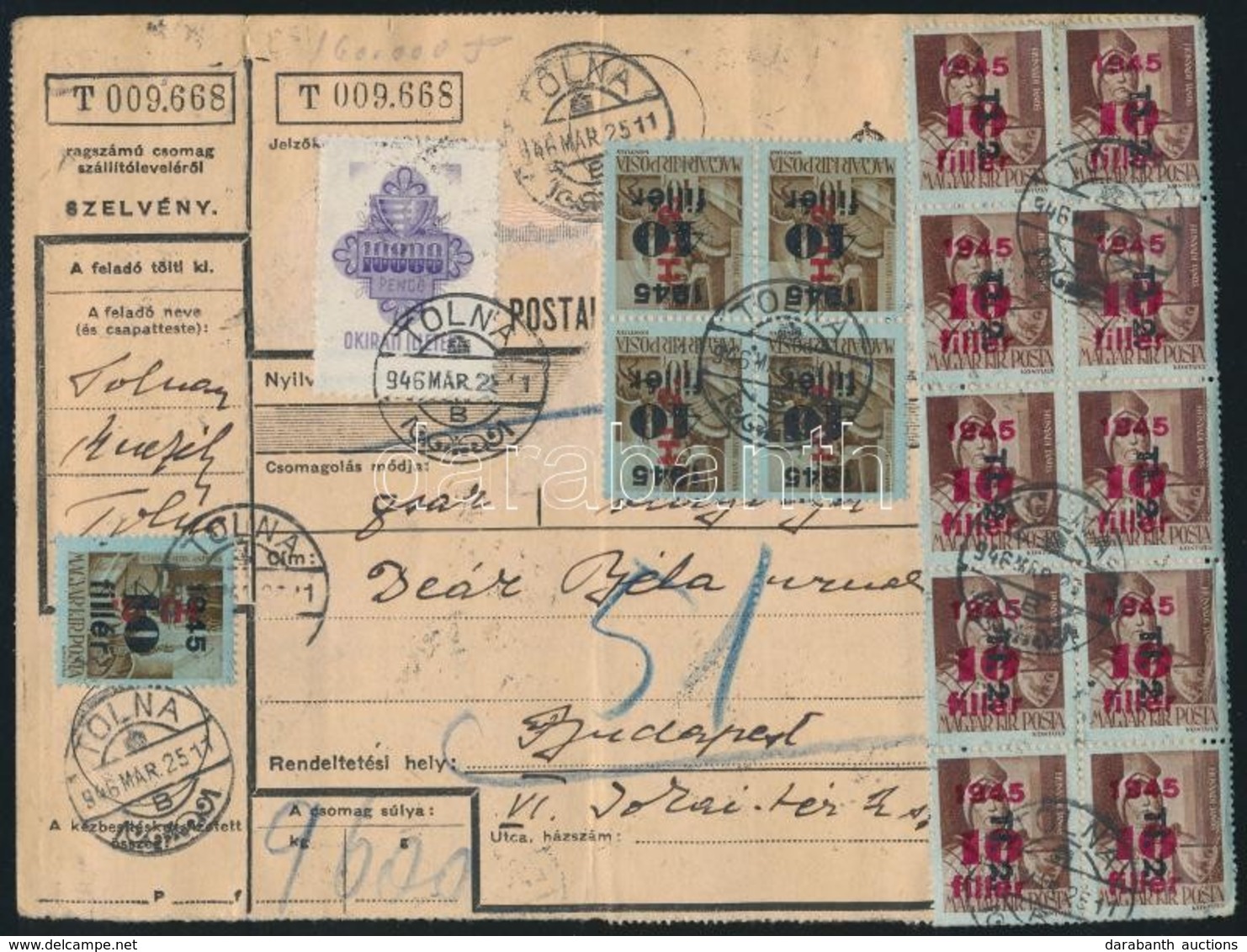 1946 (9. Díjszabás) Csomagszállító 55 Db Bélyeggel Tolnáról Budapestre / Parcel Card With 55 Stamps Franking - Autres & Non Classés