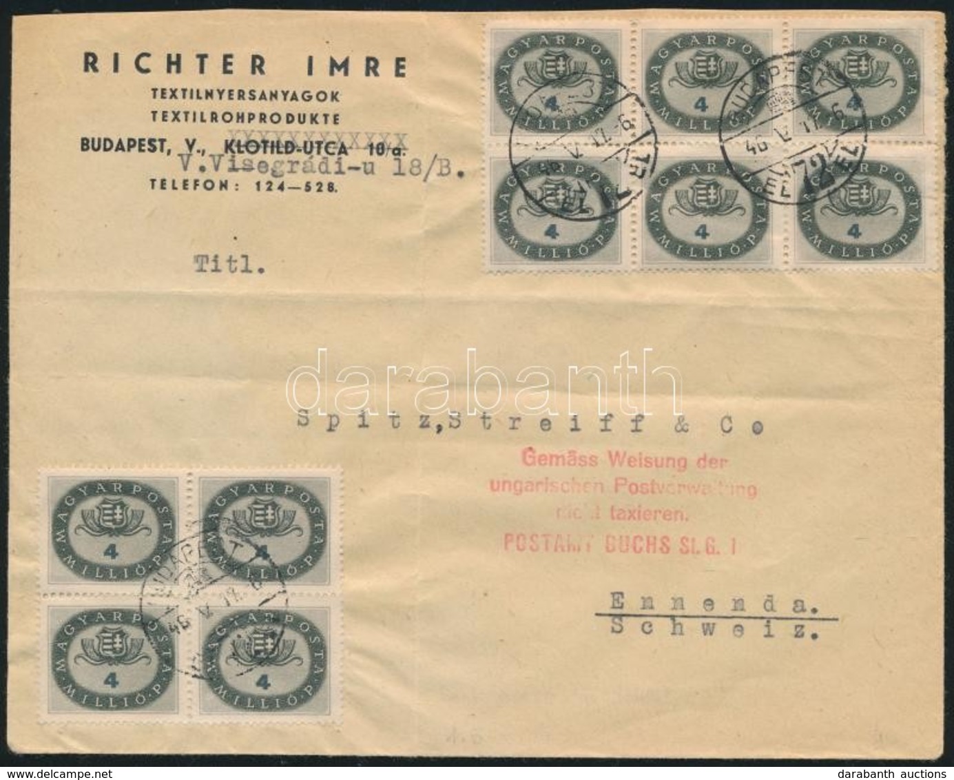 1946 (15. Díjszabás) Levél 40 Millió Pengő Bérmentesítéssel Svájcba / Cover 40 Millio P Franking To Switzerland - Sonstige & Ohne Zuordnung