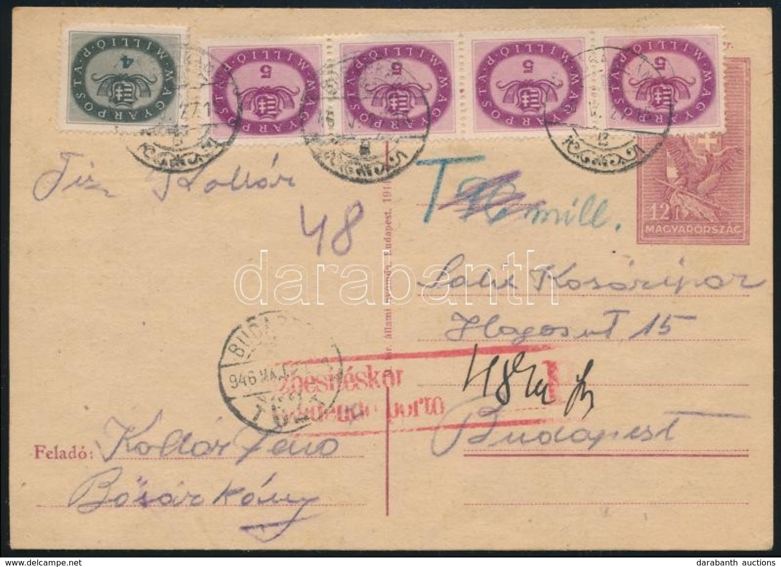 1946 (17. Díjszabás) Távolsági Levelezőlap 24 Millió P Bérmentesítéssel, 48 Millió Portóval / Domestic Postcard With 24  - Sonstige & Ohne Zuordnung