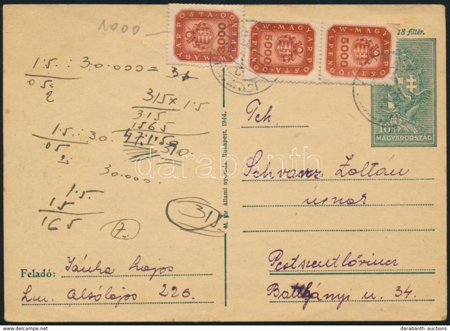 1946 (20. Díjszabás) Díjjegyes Levelezőlap 13.000 Millpengő Kiegészítéssel / PS-card With 13.000 Millpengő Additional Fr - Autres & Non Classés