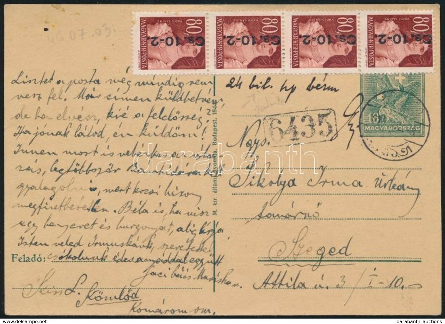 1946 Levelezőlap 24 Bil. Készpénzes Bérmentesítéssel és '6435' Kisegítő Bélyegzéssel / Postcard With Handwritten Frankin - Autres & Non Classés