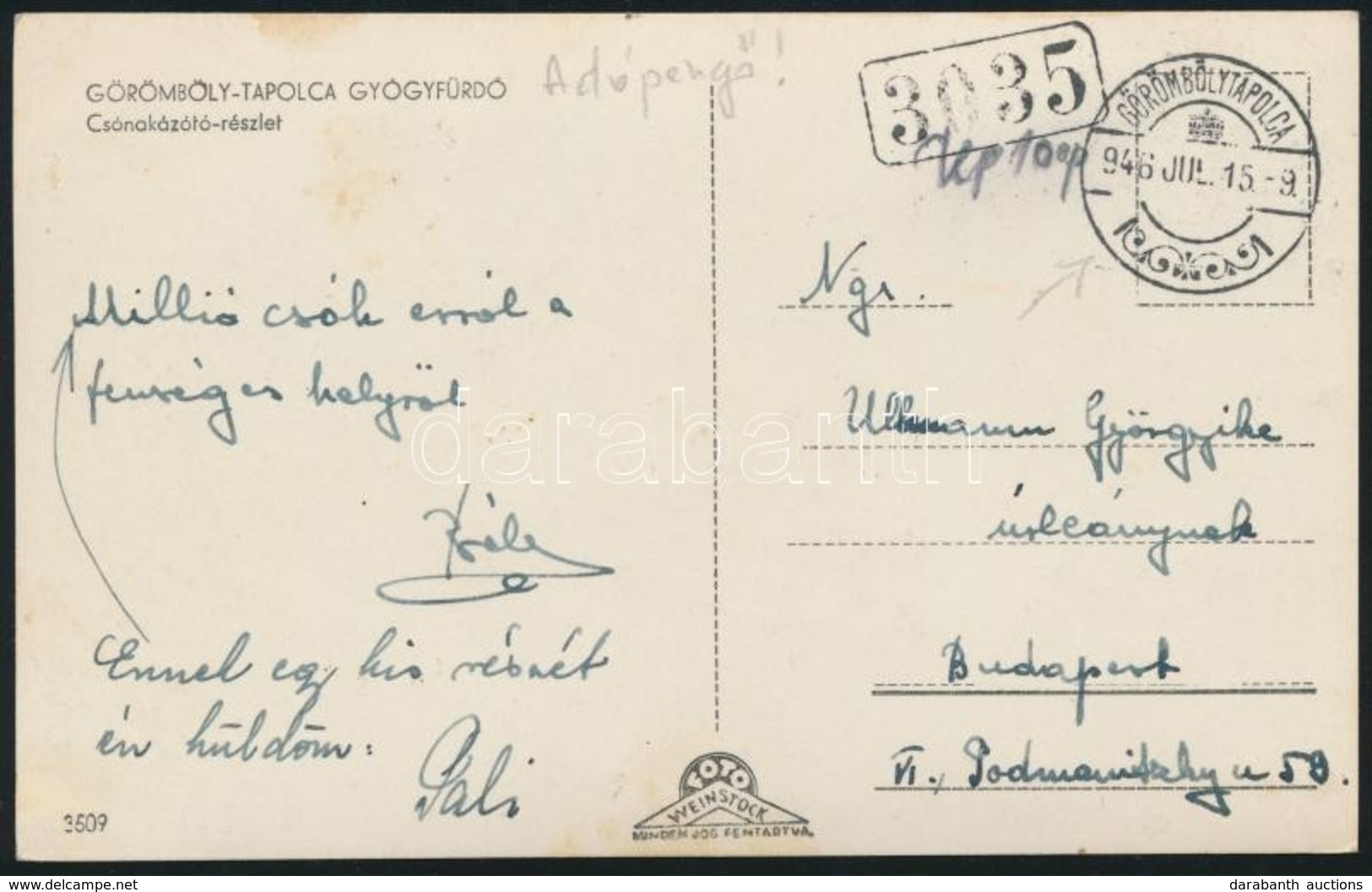 1946 Képeslap Készpénzes Bérmentesítéssel és '3035' Kisegítő Bélyegzéssel / Postcard With Handwritten Franking And Auxil - Sonstige & Ohne Zuordnung