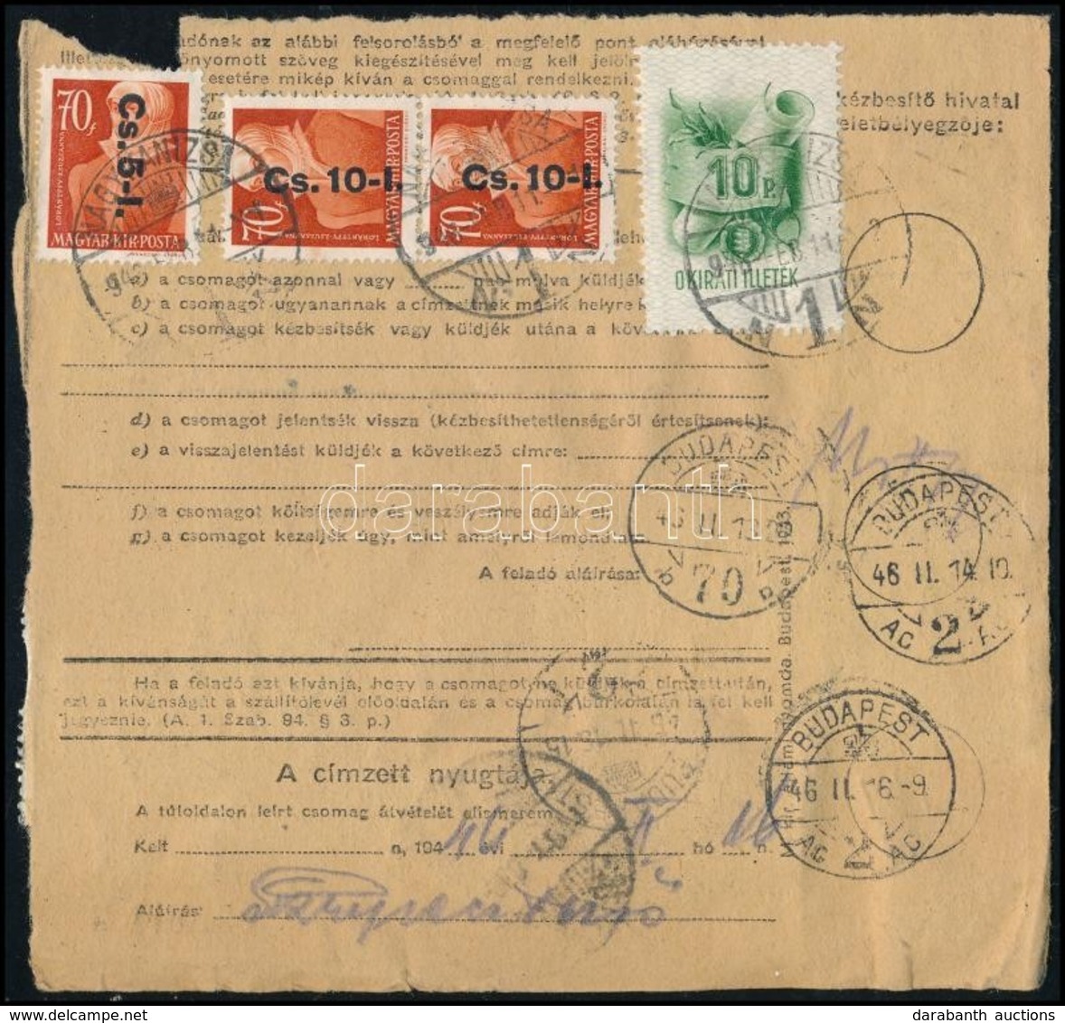 1946 Csomagszállító 3 X Betűs Cs. 10-I. Bérmentesítéssel  / Parcel Card - Sonstige & Ohne Zuordnung