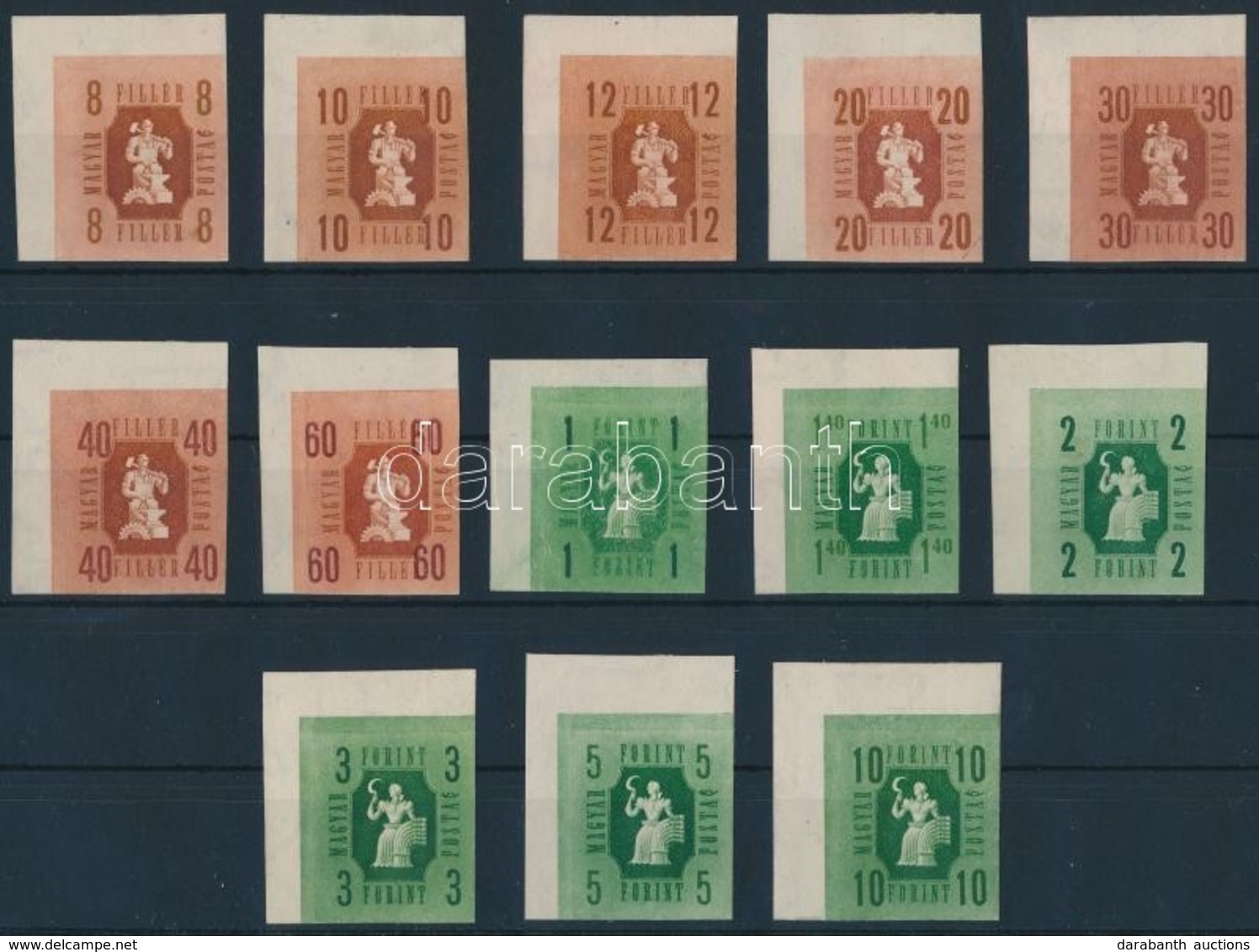 ** 1946 Forint-fillér ívsarki Vágott Sor (40.000) / Mi 947-959 Imperforate Corner Set - Autres & Non Classés