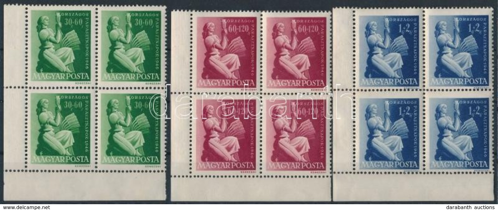 ** 1946 Parasztnapok Sor ívsarki Négyestömbökben / Mi 960-962 Corner Blocks Of 4 - Autres & Non Classés