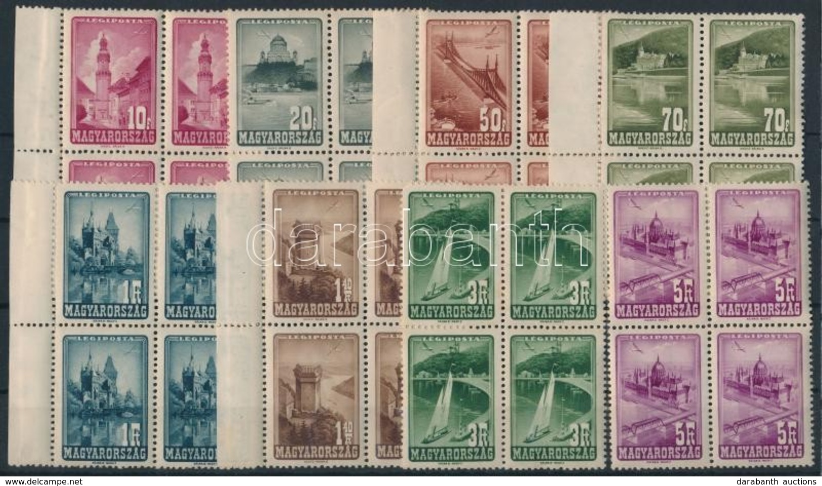 ** 1947 Repülő IV. Sor Négyestömbökben, Nagy Része ívszéllel / Mi 963-970 Blocks Of 4 - Autres & Non Classés