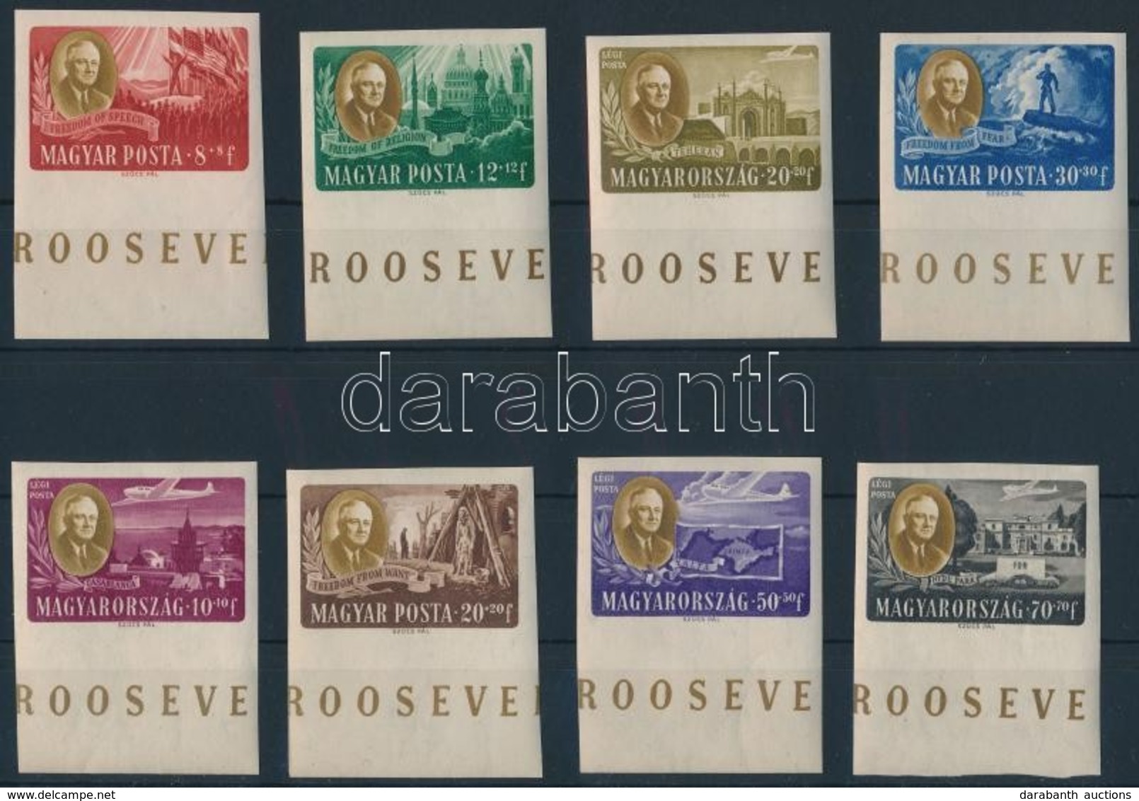 ** 1947 Roosevelt ívszéli Vágott Sor (35.000) / Mi 985-992 Imperforate Margin Set (légi értékeken Törések / Mi 989-992 C - Autres & Non Classés