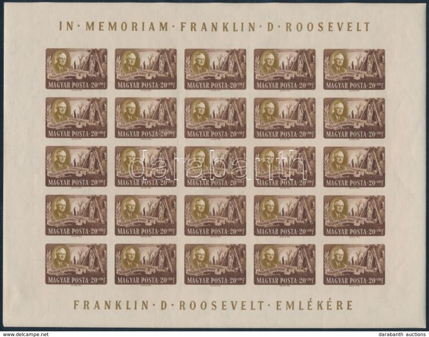 ** 1947 Roosevelt 20f Vágott Teljes ív, Ritkán Látható Darab! A Bal Szélen és A Saroknál Gumihiba (225.000++) / Mi 987 I - Autres & Non Classés