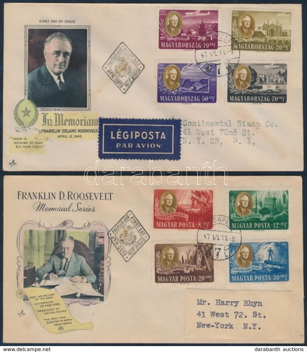 1947 Roosevelt Sor 2 Db FDC-n New Yorkba, Az Egyik Légi / Mi 985-992 On 2 FDC's - Other & Unclassified